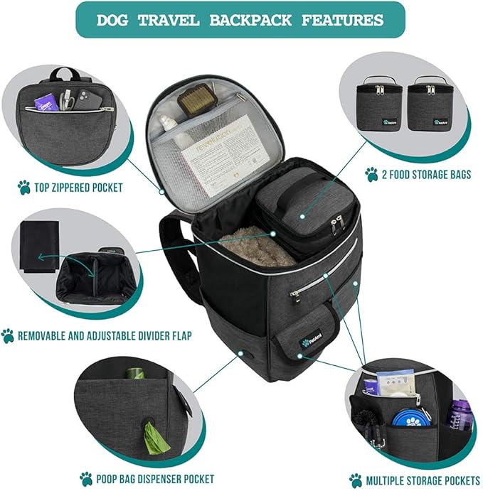 PetAmi Dog Travel Bag Backpack, Airline Approved Dog Bags for Traveling, Puppy Diaper Bag Supplies, Pet Camping Essentials Hiking Accessories Dog Mom Gift, Food Container, Collapsible Bowls, Dark Gray-Mewly Pet