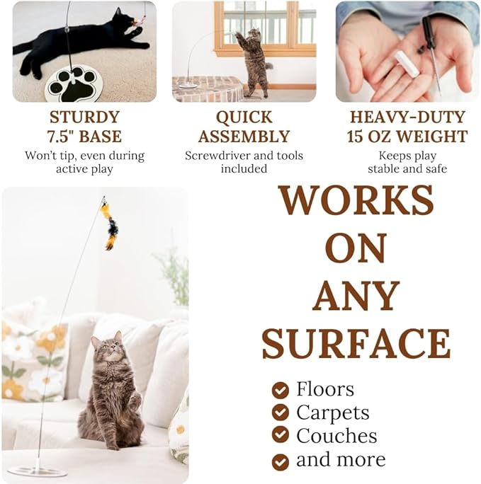 Cat Wand Toy with Round Base – Interactive Feather & Glow-in-The-Dark Octopus Attachments – Suction Cup Cat Toy for Indoor Cats & Kittens-Mewly Pet