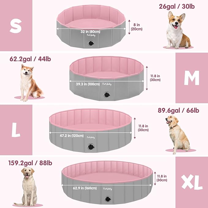 Furrybaby Dog Pool, Kiddie Pool with Hard Plate Collapsible Pet Bath Foldable Swimming Pet Pool Portable Pink 39''-Mewly Pet