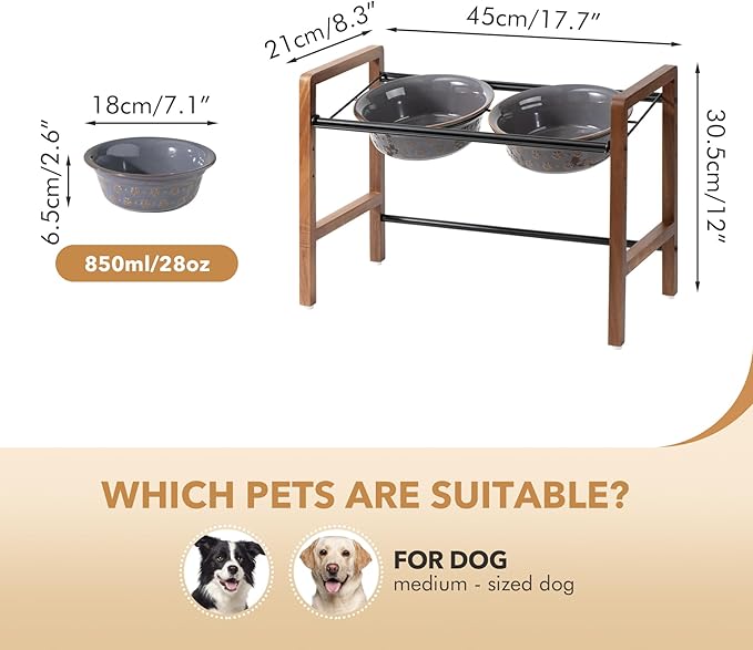 7.1inch Ceramic Adjustable Raised Double Bowls Set with Stand, 3 Heights Elevated, 2 Placement Options,Food and Water Bowls for Medium and Large Dog(Reactived Glaze -Grey)-Mewly Pet