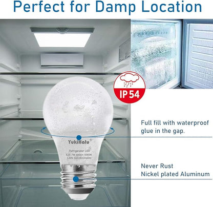 YukiHalu LED Refrigerator Light Bulb 60W Equivalent A15 Appliance Fridge Bulbs, Waterproof 600 Lumen 7W 120V Daylight 5000K E26 Medium Base, Small Size Bulb for Damp Location, Not-Dim, 2-Pack