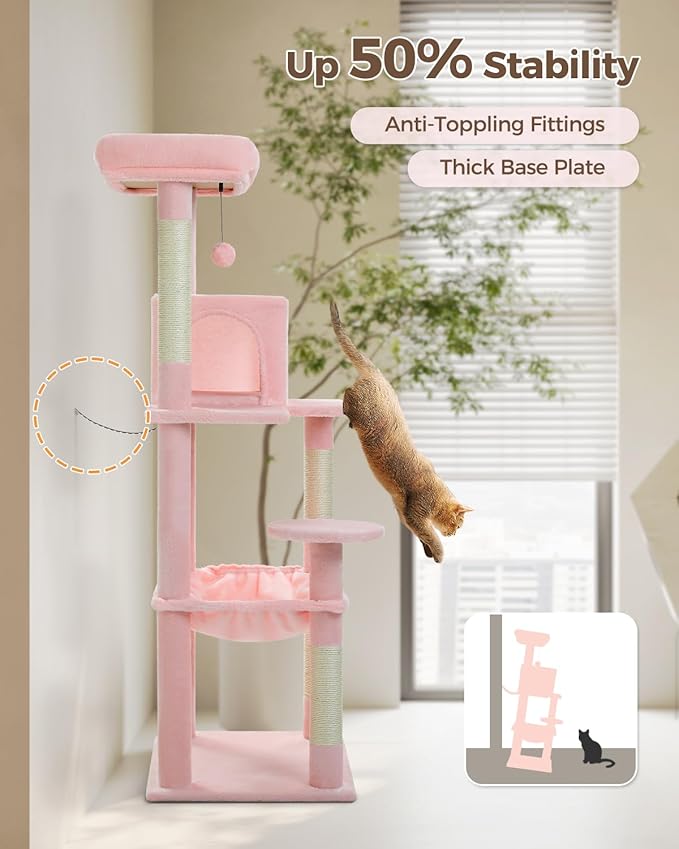 Cat Tree for Large Cats Adult with Metal Plush Big Hammock, 56.3" Cat Tower with 2 Door Condo House, 6-Tier Cat Shelves with Scratching Posts and Large Top Perch, Light Pink-Mewly Pet