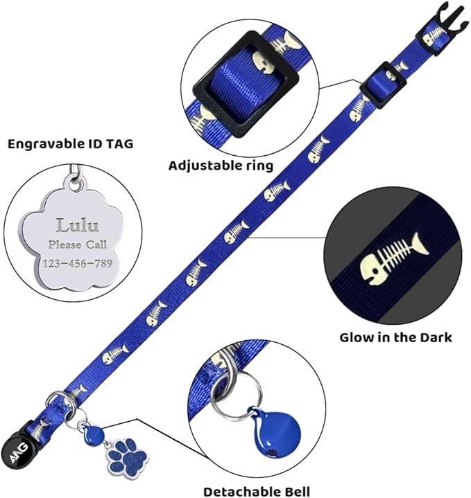 Personalized Breakaway Cat Collars Glow-in-The-Dark with ID Tag, Bell - Safety Quick - Release, Customizable for Female Male Kittens & Cats (Navy)-Mewly Pet