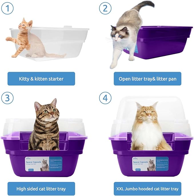 Petfamily Cat Litter Box, Large Foldable Jumbo Hooded Cat Litter Box with Transparent Lid (Purple)-Mewly Pet