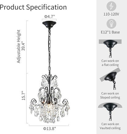 WUZUPS Crystal Chandelier 1-Light Pendant Ceiling Light Modern Lighting Fixture for Bedroom Hallway Bar Kitchen Bathroom, H 15.7" x W 13.8", E12 Base, Black