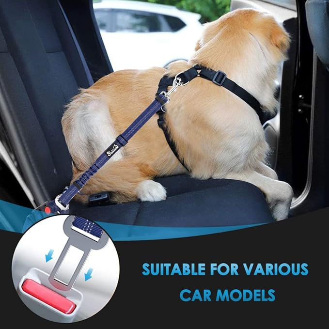 SlowTon Dog Seat Belt for Car, 2 Pack Dog Car Harness Seatbelt Adjustable with Elastic Bungee Buffer, 2 in 1 Pet Car Leash Headrest Restraint Dog Reflective Safety Tether (Blue, Headrest+Clip)-Mewly Pet