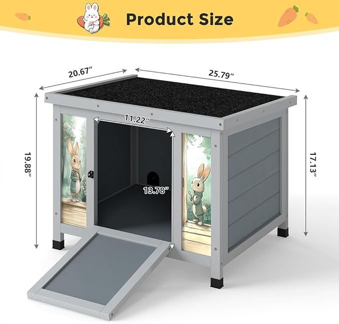 COZIWOW 24in Wooden Cat House Outdoor & Indoor Pet Shelter with Foldable Ramp - Weatherproof Rabbit Hutch with Unique Machine-Printed Art Designs for Cat, Rabbit, Guinea Pig (Grey)-Mewly Pet
