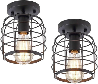 Create For Life® Industrial Vintage Flush Mount Ceiling Light,Rustic Metal Cage Semi Flush Mount Ceiling Lamp Fixture for Hallway Stairway Kitchen Garage, E26, Black Finish,2 Pack
