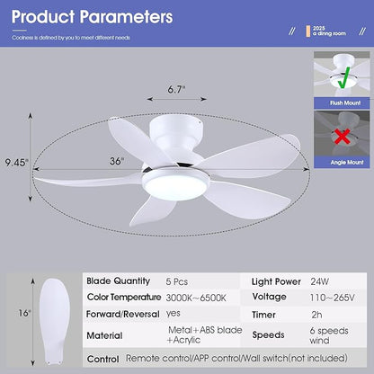 36 Inch Modern Ceiling Fans with Lights, Small Flush Mount Ceiling Fan with Light and Remote/APP Control, 5 Reversible 6 Speeds Curved Blades, 3 CCT Dimmable Lights for Bedroom, White