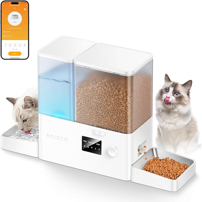 Rojeco 36Cups/8.5L WiFi Automatic Cat Feeder and Gravity Water Dispenser,Stainless Steel Bowls 2-in-1 Large Capacity 5L Food Dispenser with APP and 3.5L Water Fountain for Pets,Dogs,Puppies,Kittens-Mewly Pet