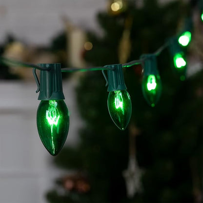 C9 Christmas String Light Green, 25ft Vintage Christmas Tree Lights, Outdoor Roofline String Lights with 25+2 Green Bulbs for Patio Garden Holiday Indoor Home Xmas Decoration, Green Wire