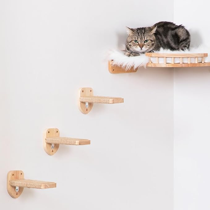3pcs Cat Wall Steps, Climbing Mounted Furniture, Shelves With Hemp Rope Covered, Solid Wood Ladder for Playing and Climbing (Large-Wood)-Mewly Pet