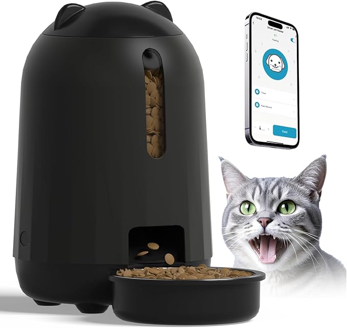 PAPIFEED Automatic Cat Feeder, 2.4G WiFi Auto Cat Food Dispenser with App Control, 3L Auto Pet Feeder with Dual Power Supply, Detachable for Easy Clean for Cats and Small Dogs, Black-Mewly Pet