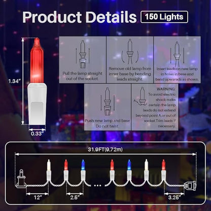 LAMPHOME 31.9FT 150-Count Red White and Blue Mini Lights,4th of July Patriotic String Light White Wire, Independence Day Lights for Indoor Outdoor Christmas Party Decor,Red White Blue