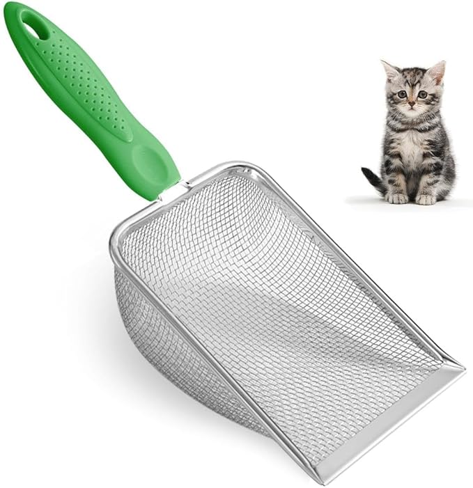 Metal Cat Litter Scoop,Sturdy Litter Cleaner Corner Shovel,Stainless Steel Mesh Litter Shovel,Easy to Clean Reptile Terrarium Sand Waste(Green)-Mewly Pet