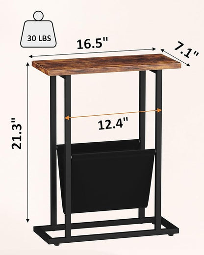 Yusong Narrow Side Table for Small Spaces, Small End Table Set of 2 with Magazine Holder, Skinny Slim Little Thin Table for Living Room, Bedroom, Sofa, Rustic Brown