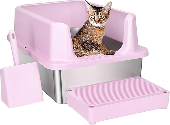 RIZZARI Large Stainless Steel Cat Litter Box: Open Top Leak-Proof Large Cat Pan - Odor Control for Indoor Multi-Cat Homes (Light Pink, 23.8" L*16" W*12" H)-Mewly Pet