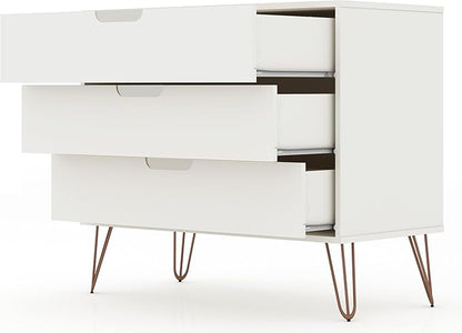 Manhattan Comfort Rockefeller 3 Drawer Dresser for Bedroom Storage, Nursery, Closet, Living Room, Entryway, TV Stand for Screens up to 32 Inches, Anti-Tip Kit Included, Set of 1, White