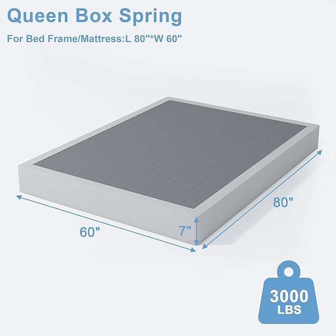 Queen Box Spring - 7 Inch High Profile Box Spring for Queen Bed, Sturdy Metal Frame Mattress Foundation, Easy Assembly, Quiet & Noise-Free
