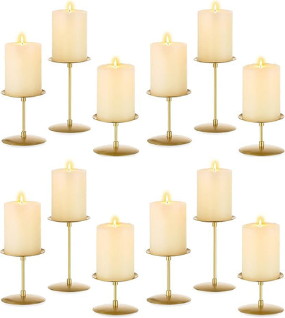 Pillar Candle Holders Candelabra Gold - Set of 12 Bulk Candle Stand Iron Plate Minimalism Modern Home Mantel Dinning Table Decorations Centerpiece for Wedding, Party, Housewarming, Events