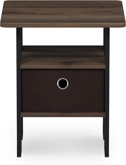 Furinno ANDREY Side Table, End Table, Night Stand with Open Shelves and Storage Bin, Bedside Table, for Living Room, Bedroom, Columbia Walnut