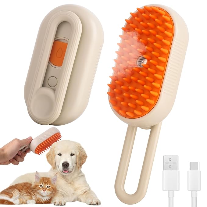 Cat Steam Brush for Shedding & Deshedding - 4-in-1 USB Rechargeable Pet Hair Removal Comb with Water Tank, for Indoor Long/Short Haired Cats & Dogs, Grooming Massage & Cleaning (Khaki)-Mewly Pet