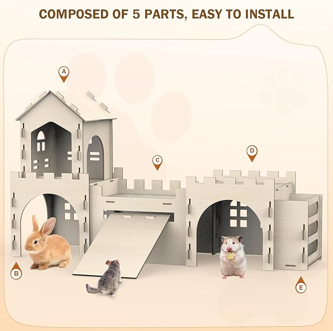Large Bunny House and Hideouts, Wooden Dual-Layer Rabbit Castle with Stair, Rubber Band-Free Setup - chew-Proof, Sturdy Habitat for Guinea Pig Chinchilla Ferret (Rabbit House with Hay Feeder)-Mewly Pet