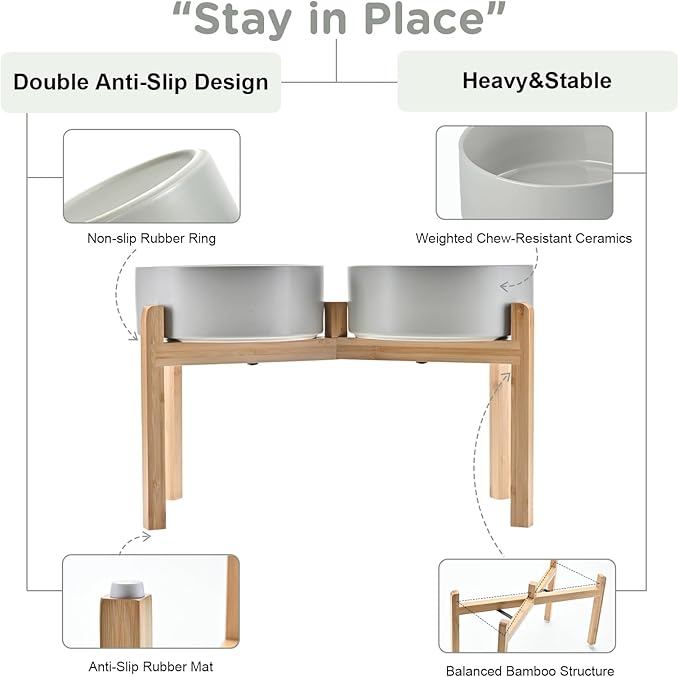 SPUNKYJUNKY Elevated Dog Bowls Ceramic, 8.3'' Dogs Food Water Bowls Raised with Non-Slip Bamboo Stand for Large Sized Breed Microwave Dishwasher Safe - 60 OZ,Grey-Mewly Pet
