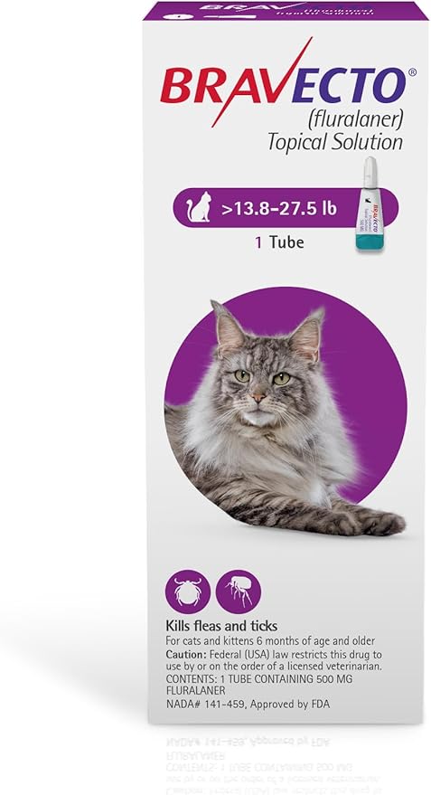 BRAVECTO Topical Solution for Cats, Flea & Tick, 12 Week Supply, >13.8-27.5 lbs., Purple Box-Mewly Pet