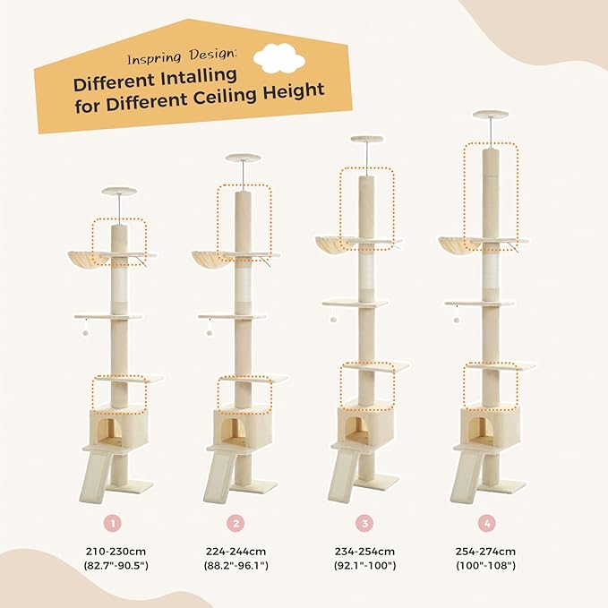 PEQULTI Floor to Ceiling Cat Tree, Tall Cat Tower, Adjustable Height (83''-108'') 5 Levels Climbing Tree for Indoor Cats with Cat Condo, Cozy Hammock and Scratching Post, Beige-Mewly Pet