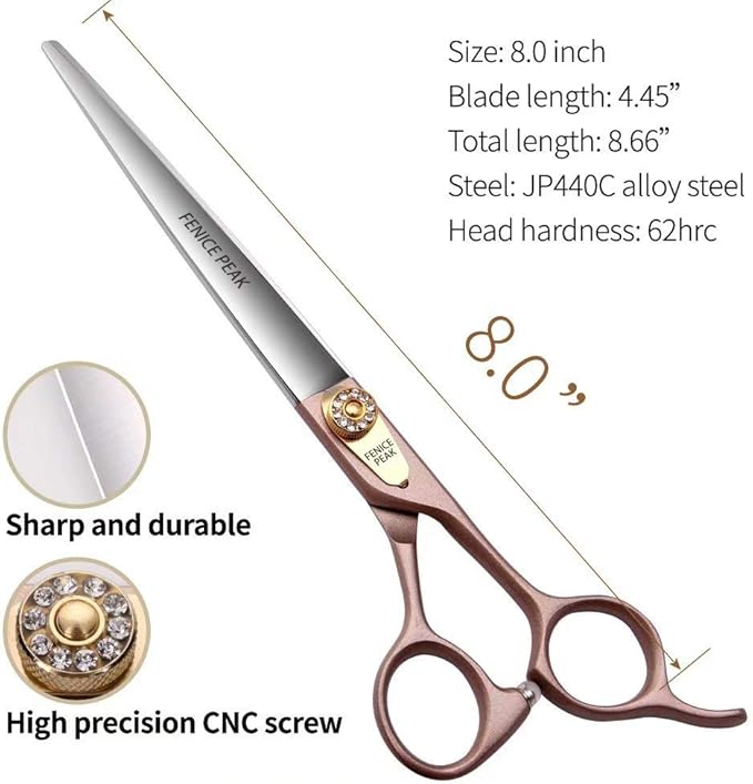 Fenice Peak 8'' Dog Straight Scissors for Grooming 440C Stainless Steel Rose Gold Professional Pet Trimming Scissors Sharp Blades Cutting for Dogs and Cats Shears-Mewly Pet