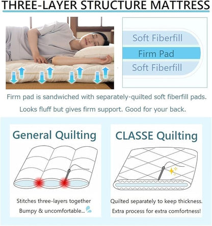EMOOR Japanese Futon Mattress CLASSE & Fitted Sheet PRESSO Twin Made in Japan, Cotton (Gray) Foldable Floor Sleeping Bed Tatami Mat