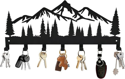 Key Holder for Wall, Metal Wall Hooks Organizer Rack with 7 Hooks for Keys, Coats, Bags – Decorative Home Decor for Entryway, Hallway, Kitchen, Living Room (12 Inches, Mountain)