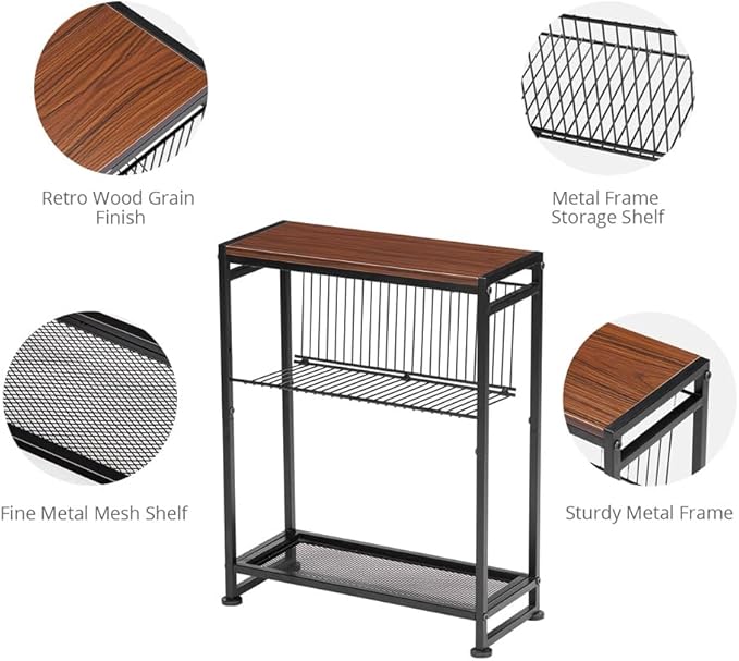 Small Side Table for Small Spaces - Slim End Table with Magazine Holder - 2 in 1 Design Narrow End Table Living Room - Skinny Bedside Table Nightstand Bedroom Thin Side Table, Cherry