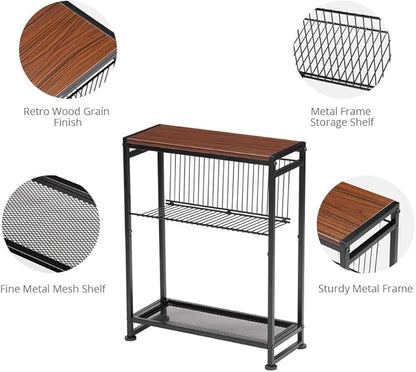 Small Side Table for Small Spaces - Slim End Table with Magazine Holder - 2 in 1 Design Narrow End Table Living Room - Skinny Bedside Table Nightstand Bedroom Thin Side Table, Cherry