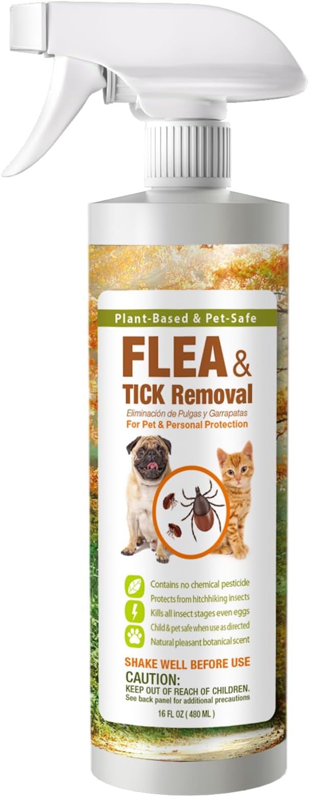 EcoVenger Flea & Tick Removal Spray 16oz for Dogs and Cats, Protects from Fleas, Mites, Ticks & Mosquitoes, eliminates+ Repels+ Housekeeping, Indoors/Outdoors, Plant-Based Formula Safe for Pets & Kids-Mewly Pet
