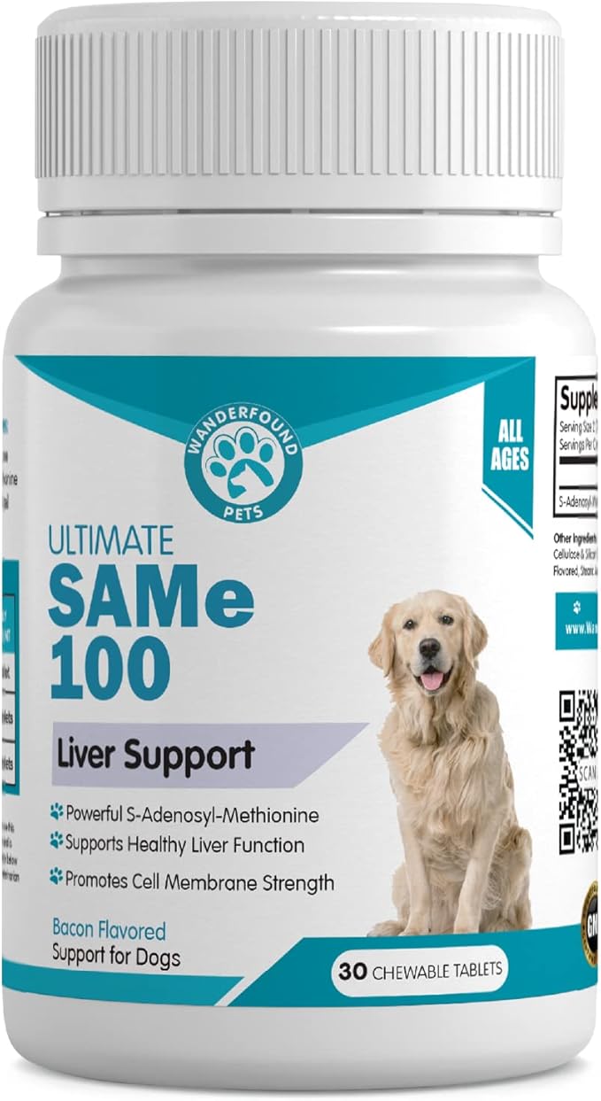 Wanderfound Pets Same 100 Liver Support for Dogs - Same S-Adenosyl-L-Methionine Hepatic Supplement for Liver & Brain Support - Bacon Flavored Sam E, Manufactured in The USA - 30 Chewable Tablets-Mewly Pet