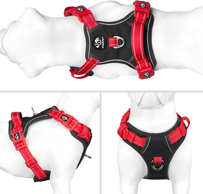 PHOEPET No Pull Dog Harness, Unique Colors Reflective Adjustable Dog Vest, with Soft Training Handle Metal Clips for Small Medium Large Dogs (Black Base & Red Straps,S)-Mewly Pet
