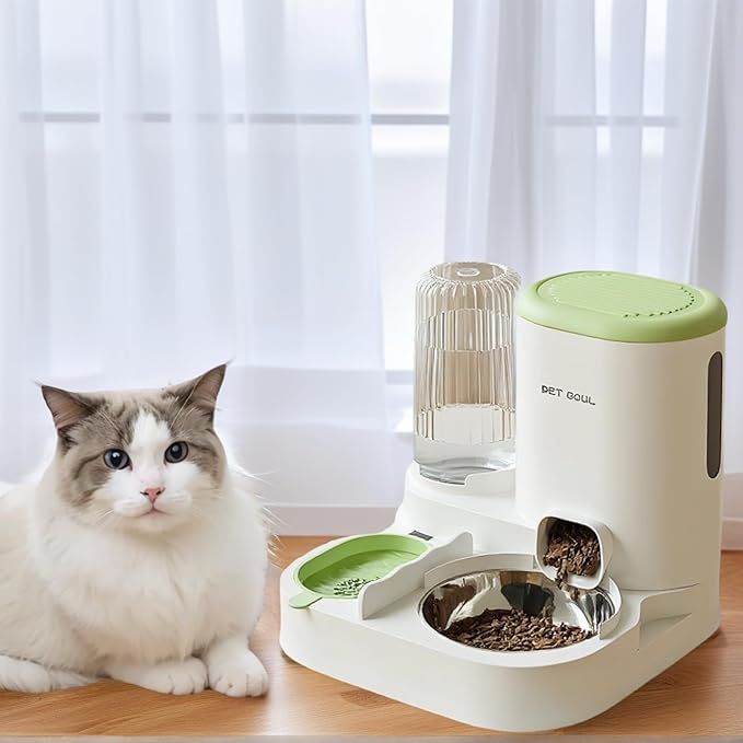 Automatic Cat Feeder & Water Dispenser - Dual Container for Dry/Wet Food, Two-in-One Upgraded Gravity Feeder and Water Dispenser Combo Set for Cats and Dogs.(Green)-Mewly Pet
