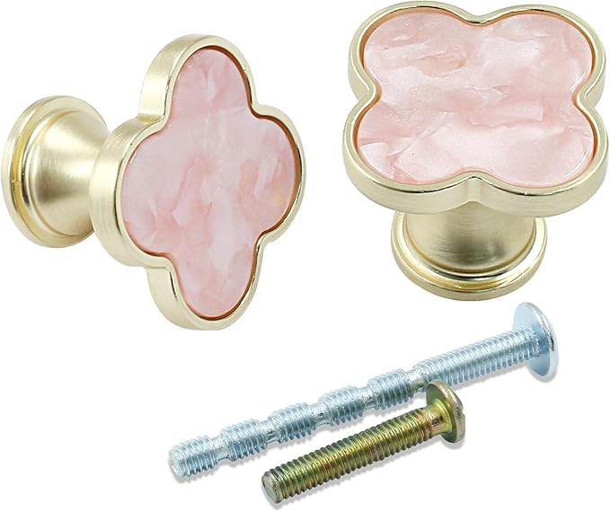 6 Pcs Four-Leaf Drawer Pulls Knobs, Gold Dresser Cabinet Knobs Pulls for Kitchen Cabinet Cupboard Door Furniture Decorative, Pink