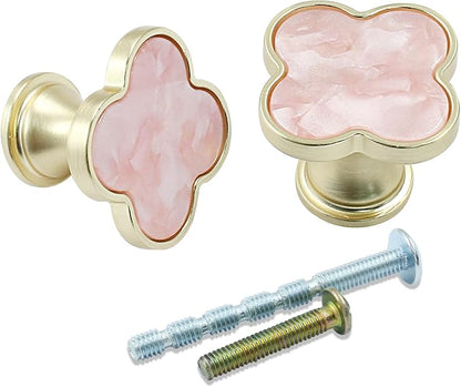 12 Pcs Four-Leaf Drawer Pulls Knobs, Gold Dresser Cabinet Knobs Pulls for Kitchen Cabinet Cupboard Door Furniture Decorative, Pink