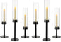 NUPTIO Hurricane Glass Candle Holders: 6 Pcs Black Metal Candlestick Tapered Holder with Clear Chimney Covers Bottomless Tall Modern Taper Candles Stick Cylinder Stand for Halloween Fireplace Decor
