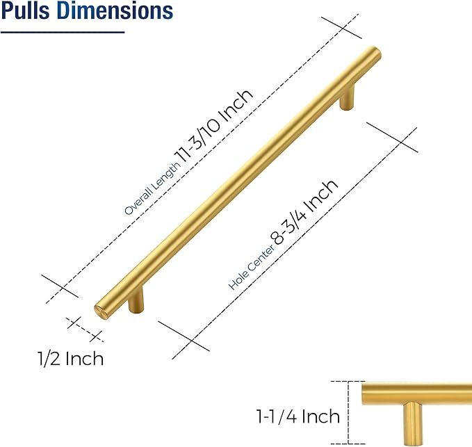 JOY DECOR 45 Pack Cabinet Handles, Gold Cabinet Pulls, 8-3/4 in Hole Center Kitchen Cabinet Handles, Stainless Steel T Bar Handles for Dresser Drawers