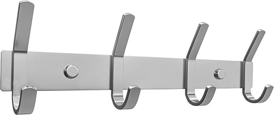 Coat Rack Wall Mount – Brushed Nickel 12 Inch Stainless Steel Hook Rail with 4 Heavy Duty Double Coat Hooks – Wall Mounted Coat Hanger for Entryway, Bathroom, Bedroom, Towel, Hat Organizer