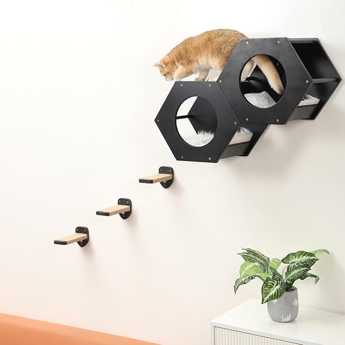 3 Pcs Cat Steps and Perches for Wall, Climbing Shelf With Hemp Rope, Wall-Mounted Furniture Set With Scratching Pads for Playing (Black)-Mewly Pet