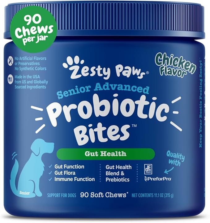 Zesty Paws Probiotics for Dogs - Digestive Enzymes for Gut Flora, Digestive Health, Diarrhea & Bowel Support - Clinically Studied DE111 - Dog Supplement Soft Chew for Pet Immune System - Adv, 90ct-Mewly Pet