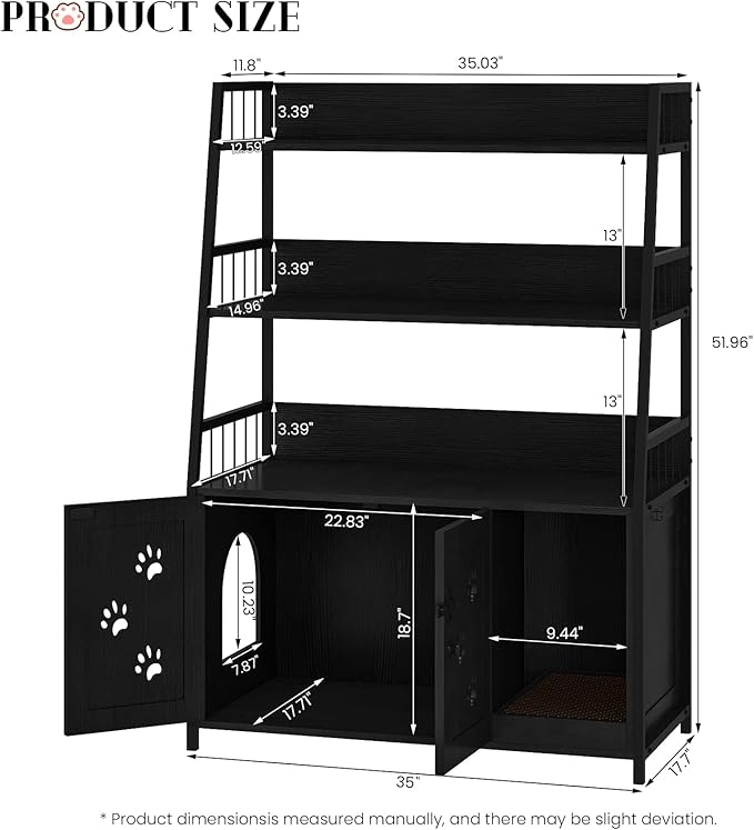 Recaceik Large Cat Litter Box Enclosure with Shelf Storage, Hidden Cat Washroom Furniture, Wooden Cat House with Scratch Pad, Sturdy Indoor Cat Cabinet with 2 Doors, Black-Mewly Pet