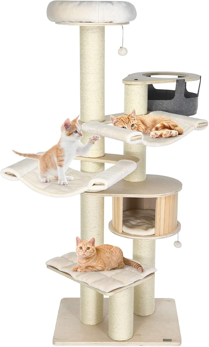 PETSITE 77.5" Tall Cat Tree, Multi-Level Modern Cat Tower with Sisal Scratching Posts, Top Perch, Cat Condo, Hammocks, Hanging Basket, and Jingling Balls, Cat Tree Tower for Indoor Cats Large Adult-Mewly Pet