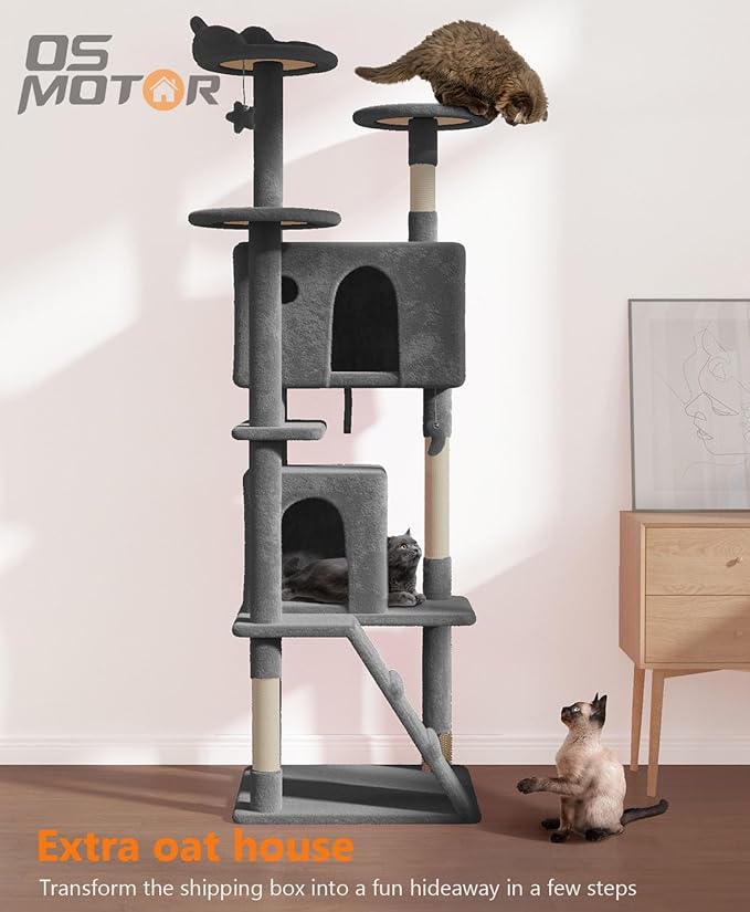 77'' Cat Tree Tower for Indoor Cats Large Adult, Cute/Tall Modern Cat Tree for Big Cats 20 lbs, Plush Multi-Level Cat Condo with Scratching Posts, Dangling Ball (Smoky Gray, 77 inch)-Mewly Pet