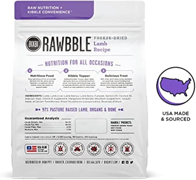 BIXBI Rawbble Freeze Dried Dog Food, Lamb Recipe, 12 oz - 97% Meat and Organs, No Fillers - Pantry-Friendly Raw Dog Food for Meal, Treat or Food Topper - USA Made in Small Batches-Mewly Pet